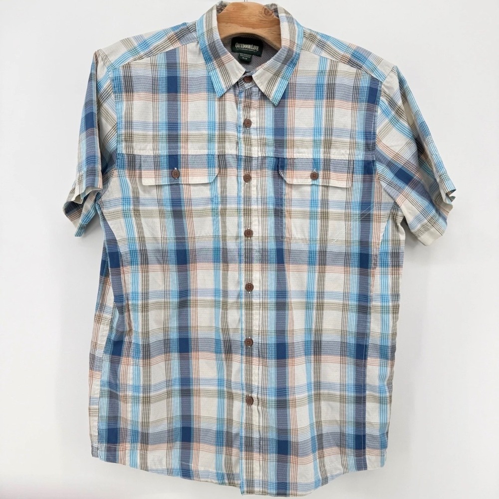 Outdoor Life Button Down Mens M Plaid Short Sleeve Poly Nylon Blue White Plaid